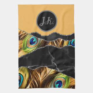 Black Silver Peafowl Marble Agate Glam Tea Towel