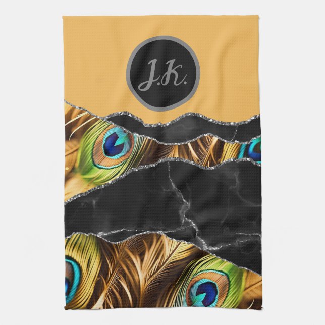 Black Silver Peafowl Marble Agate Glam Tea Towel (Vertical)