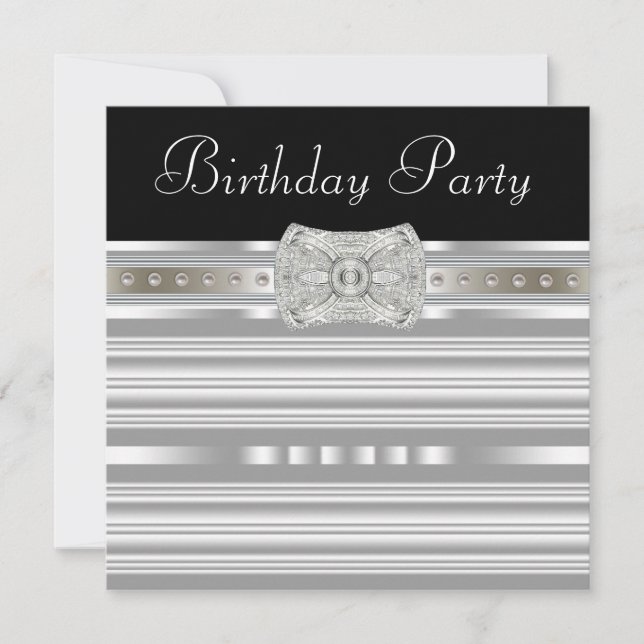 Black Silver Pearls Womans Birthday Party Invitation (Front)
