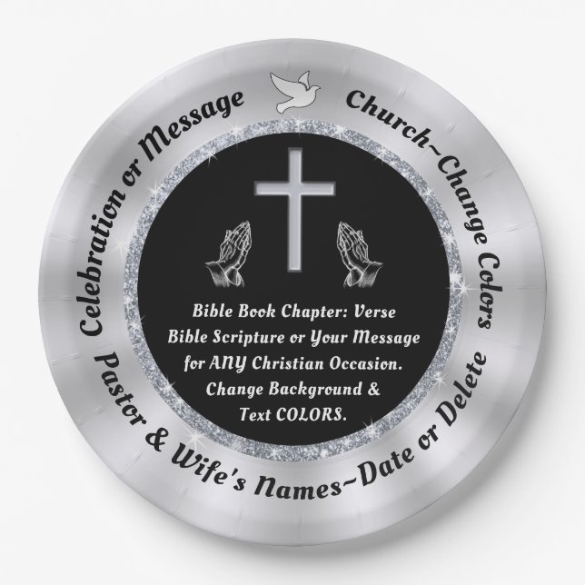 Black, Silver Personalised, Christian Paper Plates (Front)