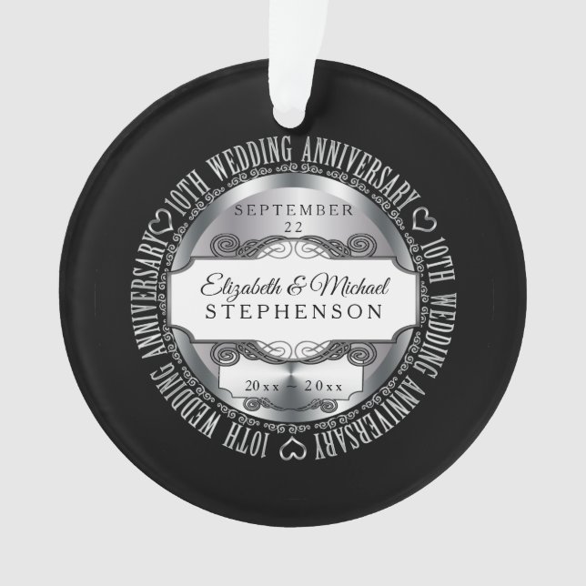 Black Silver Photo 10th Wedding Anniversary Ornament (Front)
