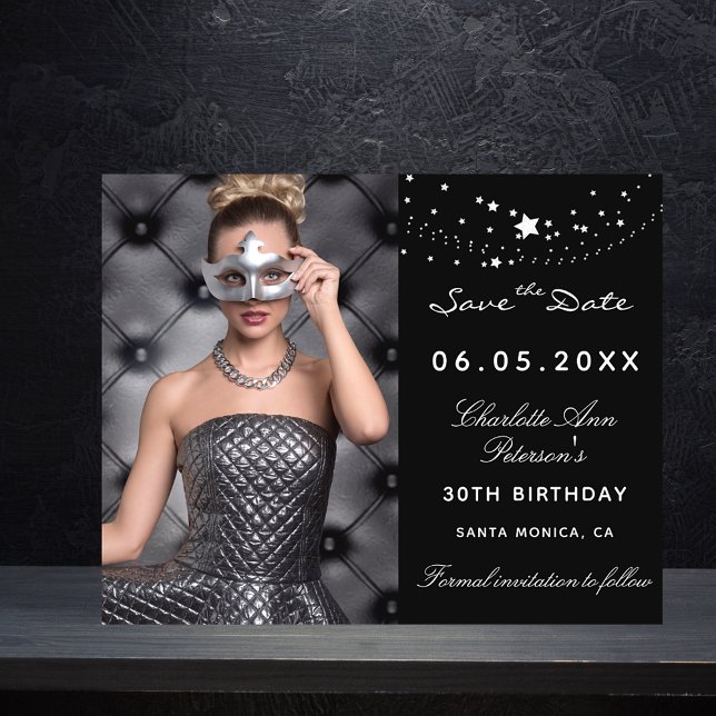 Black silver photo birthday budget Save the Date Flyer (Creator Uploaded)
