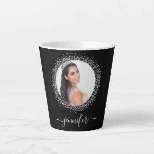 Black silver photo glitter name script latte mug
