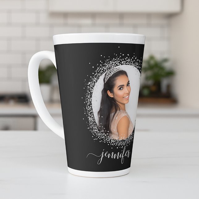 Black silver photo glitter name script latte mug (Creator Uploaded)
