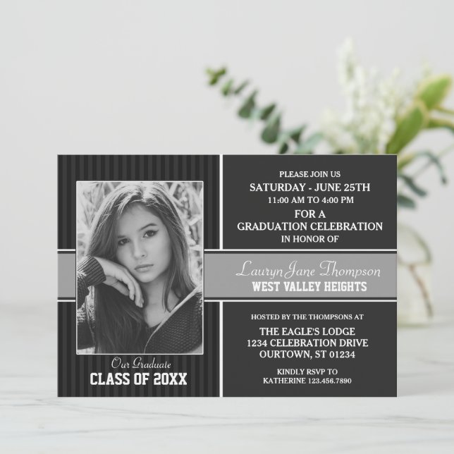 Black|Silver Photo Graduation Announcements (Standing Front)