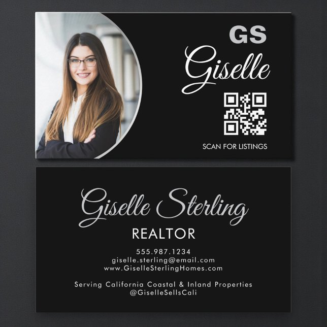 Black Silver Photo Monogram Realtor QR Code  Business Card (Creator Uploaded)