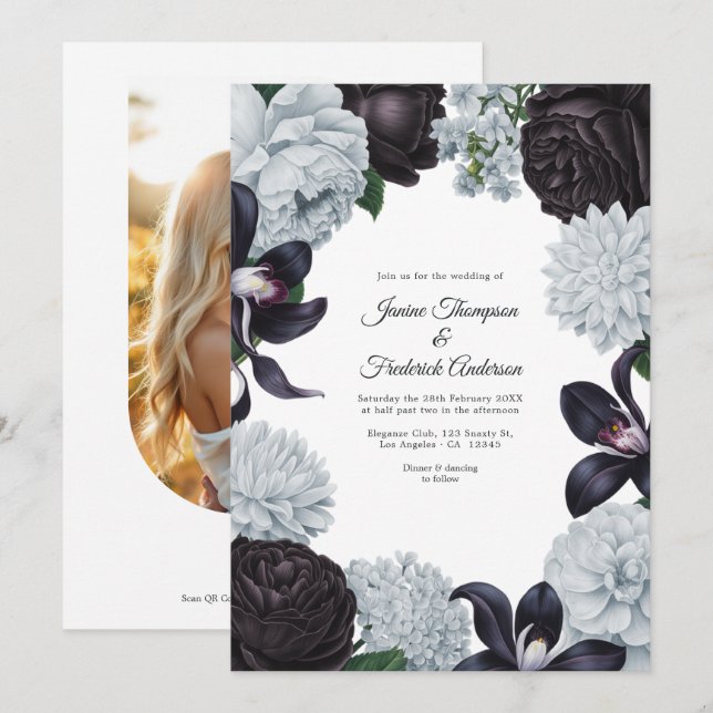 Black & Silver Photo/QR Code Floral Wedding Invitation (Front/Back)