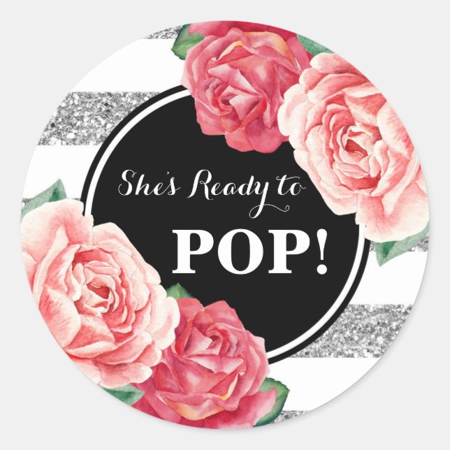 Black Silver Pink Floral Baby Shower Ready to Pop Classic Round Sticker (Front)