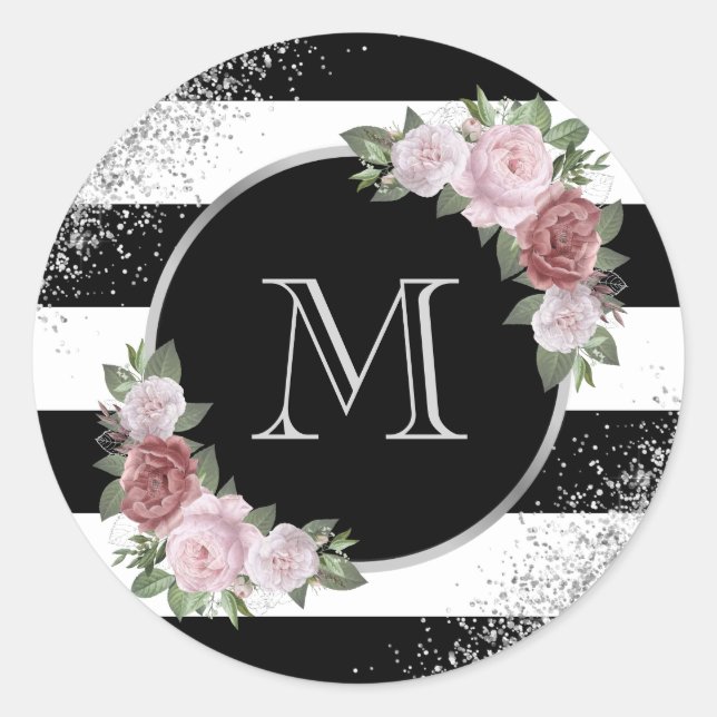 Black Silver Pink Floral Monogram Classic Round Sticker (Front)