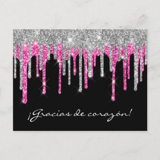 Black Silver Pink Glitter Drip Quinceañera Gracias Postcard