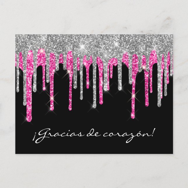 Black Silver Pink Glitter Drip Quinceañera Gracias Postcard (Front)