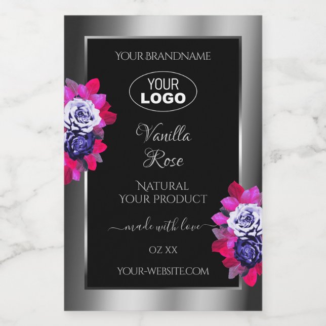 Black Silver Product Labels Blue Pink Roses Logo (Single Label)