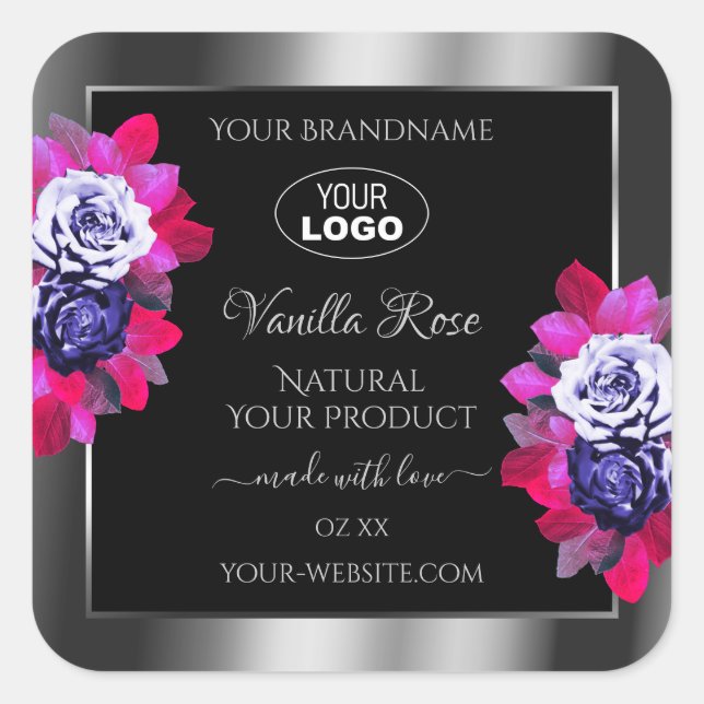 Black Silver Product Labels Blue Pink Roses Logo (Front)