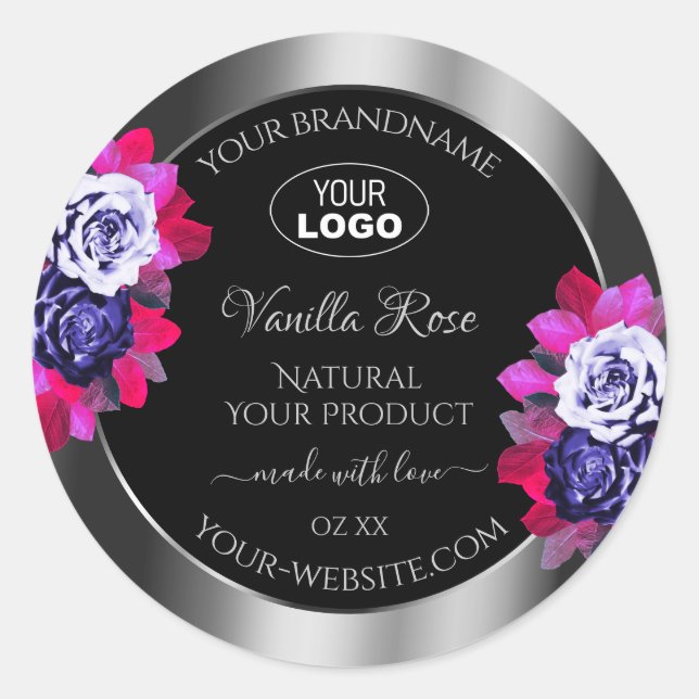Black Silver Product Labels Blue Pink Roses Logo (Front)