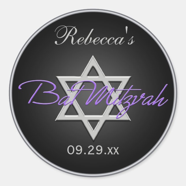 Black Silver Purple 1.5" Round Bat Mitzvah Sticker (Front)