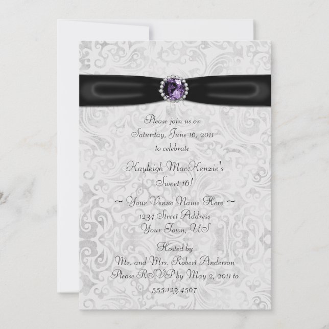 Black Silver Purple Sweet 16 Invitation (Front)