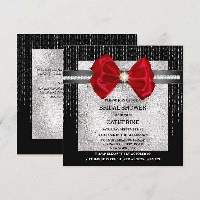 Black silver red bow diamond shimmer chic glam invitation (Front/Back)