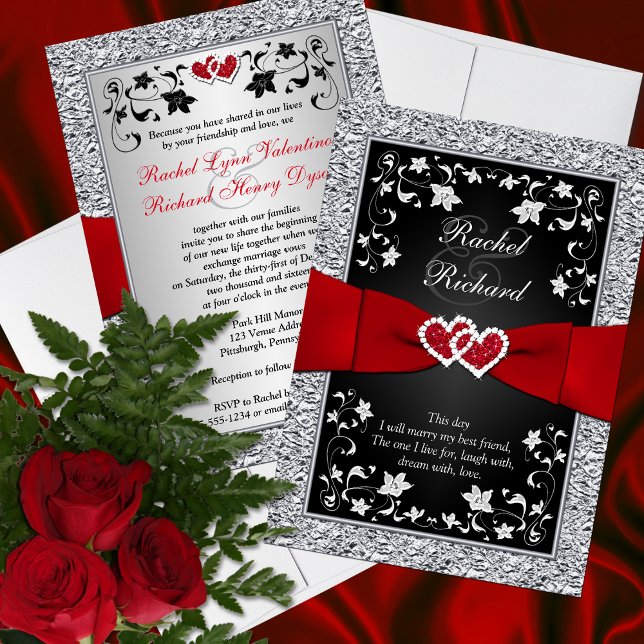 Black Silver Red Hearts, Floral Wedding Invitation (Creator Uploaded)