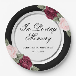 Black Silver Red Pink Floral Memorial Funeral Paper Plate