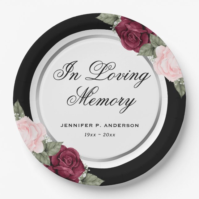Black Silver Red Pink Floral Memorial Funeral Paper Plate (Front)