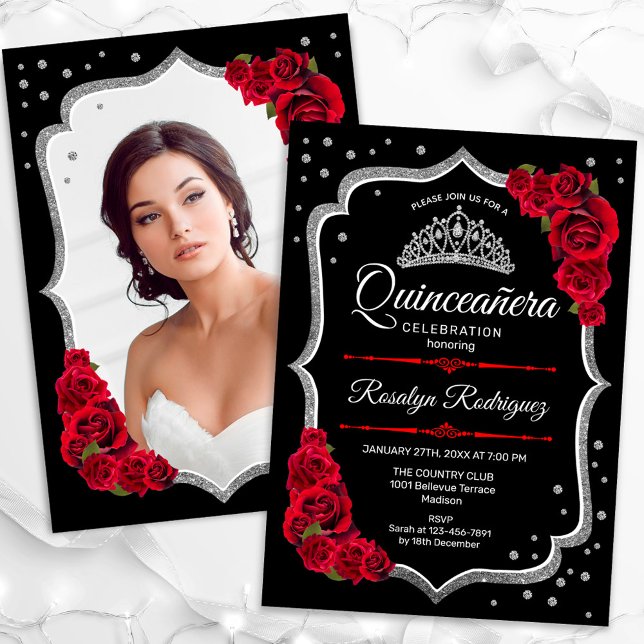 Black Silver Red Quinceanera Photo Invitation (Creator Uploaded)