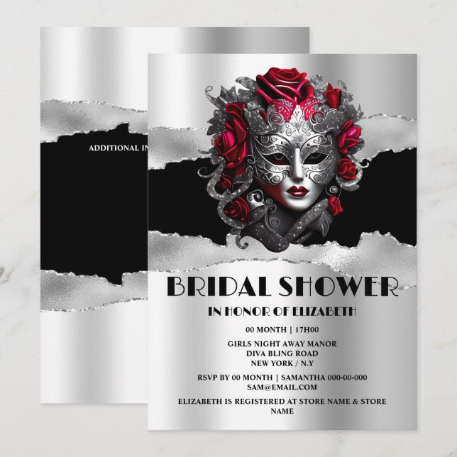 Black silver red rose masquerade bridal shower  invitation (Front/Back)