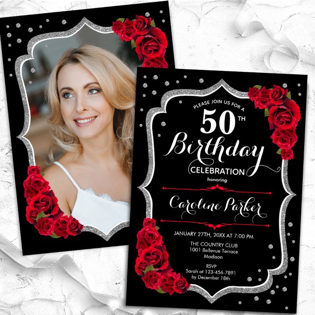 Black Silver Red Roses Photo 50th Birthday Invitation (Creator Uploaded)