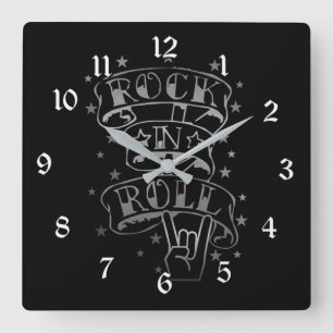 Black & Silver Rock & Roll Logo Square Wall Clock