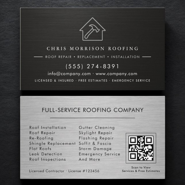 Black Silver Roofing Roofer Contractor QR Code Business Card (Creator Uploaded)