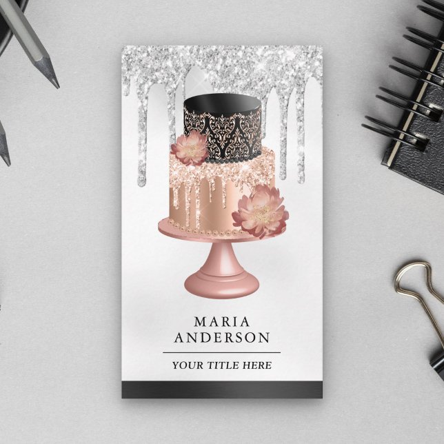 Black Silver Rose Gold Cake Pastry Chef Bakery Business Card (Creator Uploaded)