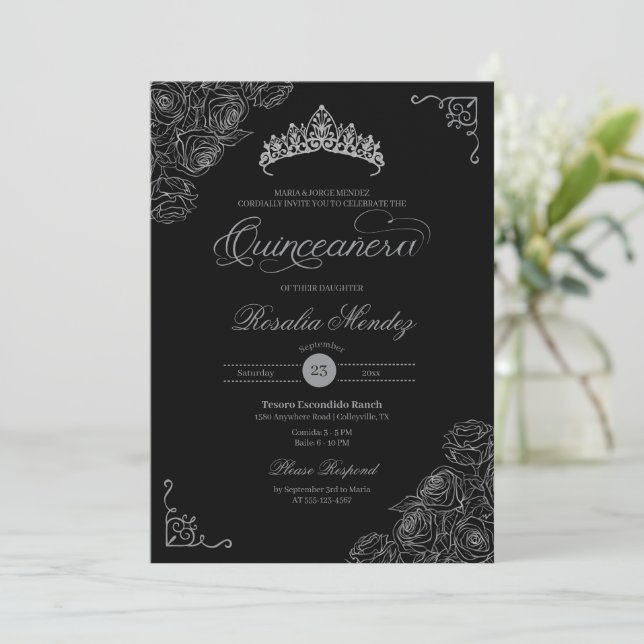 Black & Silver Roses Elegant Quinceañera  Invitation (Standing Front)