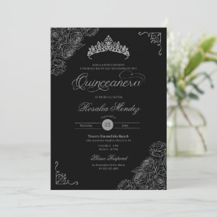 Black & Silver Roses Elegant Quinceañera Invitation