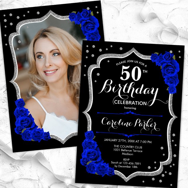 Black Silver Royal Blue Photo 50th Birthday Invitation (Creator Uploaded)