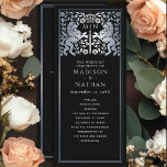 Black & Silver Royal Lion Mediaeval Sword Wedding Programme<br><div class="desc">Unveil the magic of your big day! These mediaeval fantasy wedding programs feature a regal lion surrounded by intricate silver florals and a monogram against a black background, blending elegance with a touch of grandeur. A perfect keepsake for your fairytale celebration! The silver featured on this item is NOT real...</div>