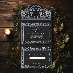 Black Silver Royal Mediaeval Sword Wedding  All In One Invitation
