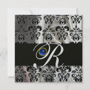 BLACK SILVER SILK DAMASK  MONOGRAM BLUE SAPPHIRE INVITATION