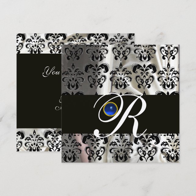 BLACK SILVER SILK DAMASK  MONOGRAM BLUE SAPPHIRE INVITATION (Front/Back)