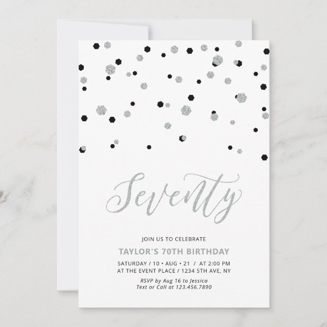 Black & Silver Simple Seventy 70th Birthday Party Invitation (Front)