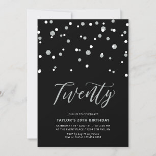 Black & Silver Simple Twenty 20th Birthday Party I Invitation