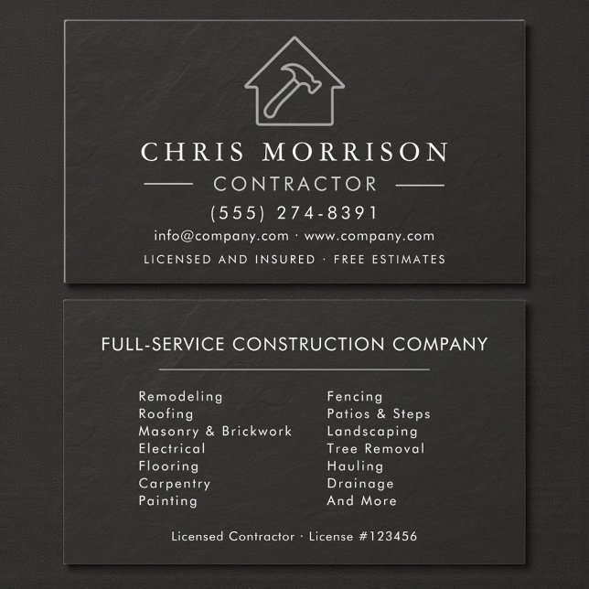 Black Silver Slate Stone Building Construction  Business Card (Creator Uploaded)