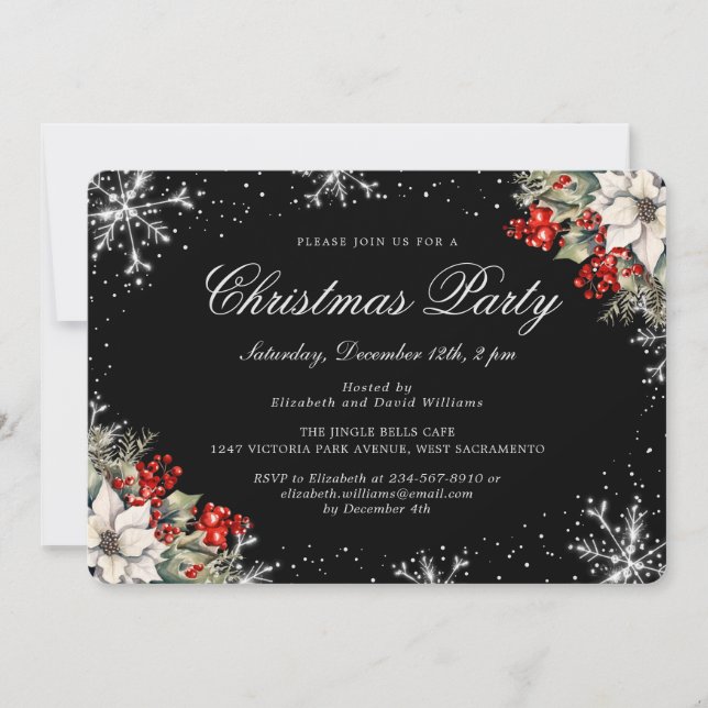 Black Silver Snowflakes Christmas Holiday Party Invitation (Front)