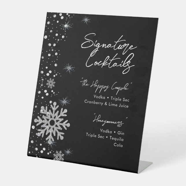 Black Silver Snowflakes Signature Cocktail Menu Pedestal Sign (Front)
