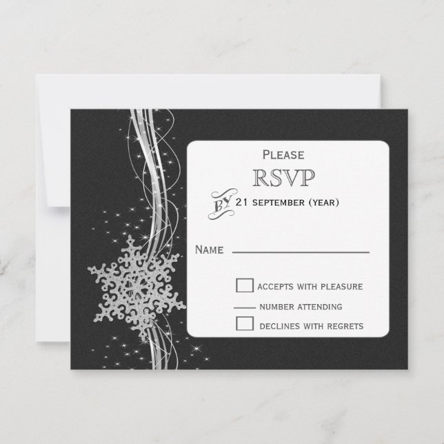 black Silver Snowflakes Winter wedding RSVP Card (Front)