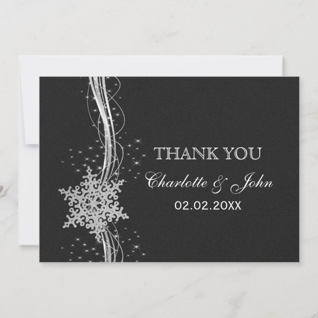 black Silver Snowflakes Winter  wedding Thank You Invitation (Front)