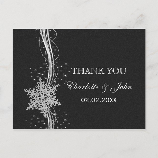 black Silver Snowflakes Winter wedding Thank You Postcard (Front)