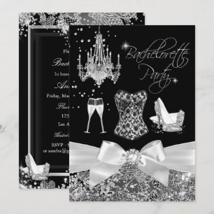 Black Silver Sparkle Bow Bachelorette Party Invitation