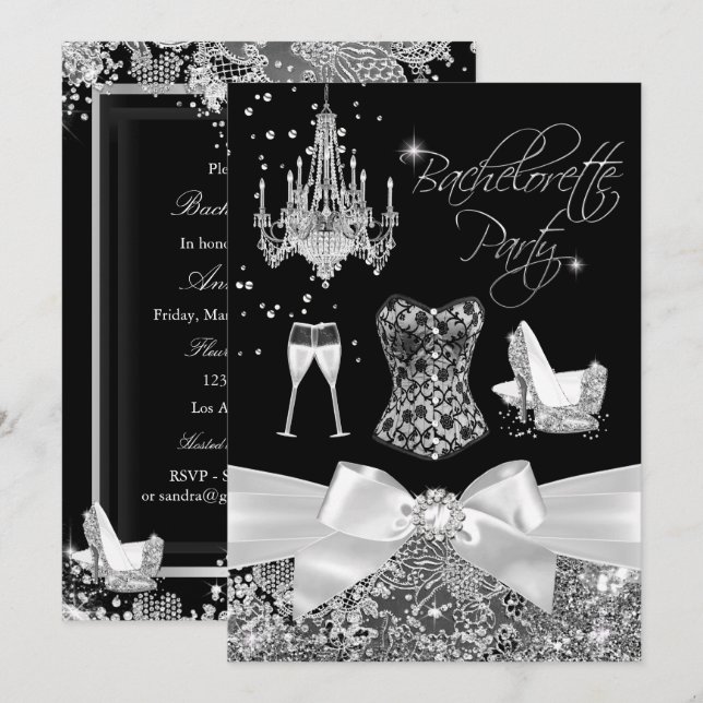 Black Silver Sparkle Bow Bachelorette Party Invitation (Front/Back)