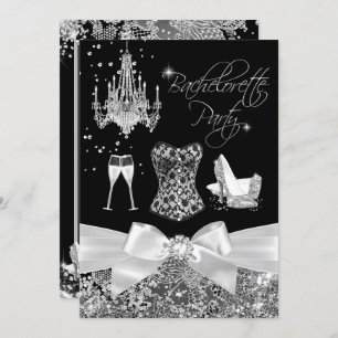 Black Silver Sparkle Bow Bachelorette Party Invitation