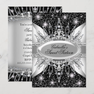 Black & Silver Sparkle Diamond Sweet 16 Invite