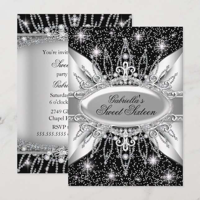 Black & Silver Sparkle Diamond Sweet 16 Invite (Front/Back)